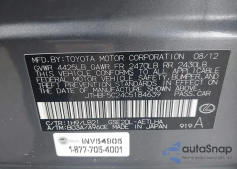2012 Lexus Is 250 from USA, damaged, VIN JTHBF5C24C5184639